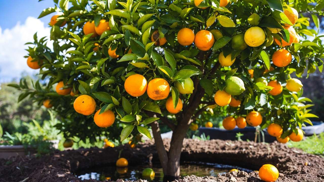 Healthy citrus tree with ripe fruit receiving proper seasonal deep watering in garden setting
