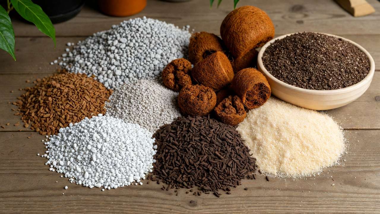 Close-up of perlite, pumice, orchid bark, coco coir, and potting soil ingredients for well-draining container mix to prevent root rot