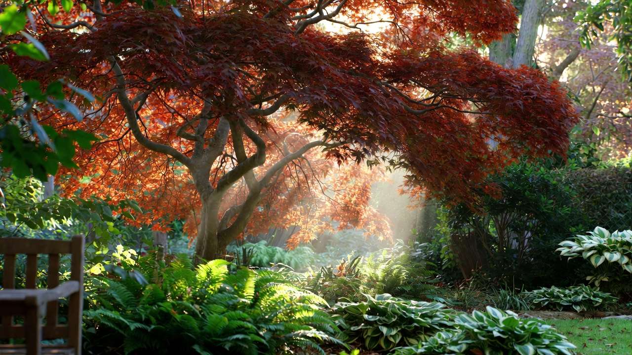 Japanese maple tree providing shade and fall color in a small balanced backyard garden