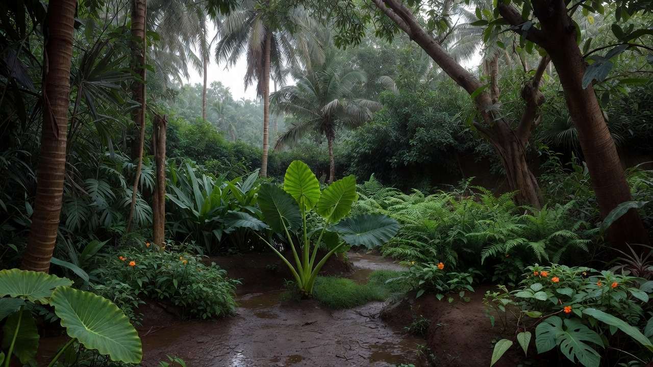 Shady tropical rain garden with Colocasia and ferns under trees in Khulna