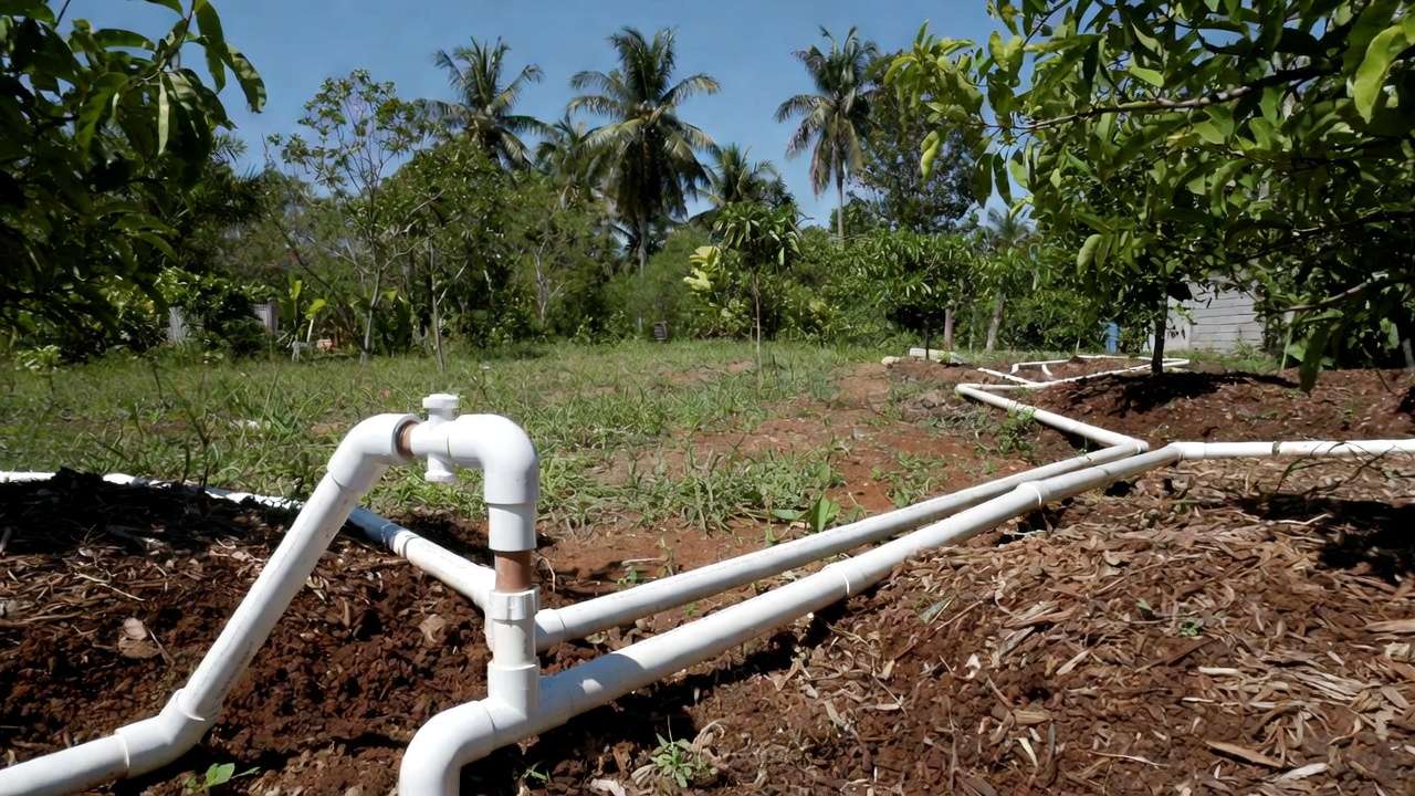 Simple DIY laundry-to-garden greywater diversion system with branched pipes feeding mulch basins in tropical yard