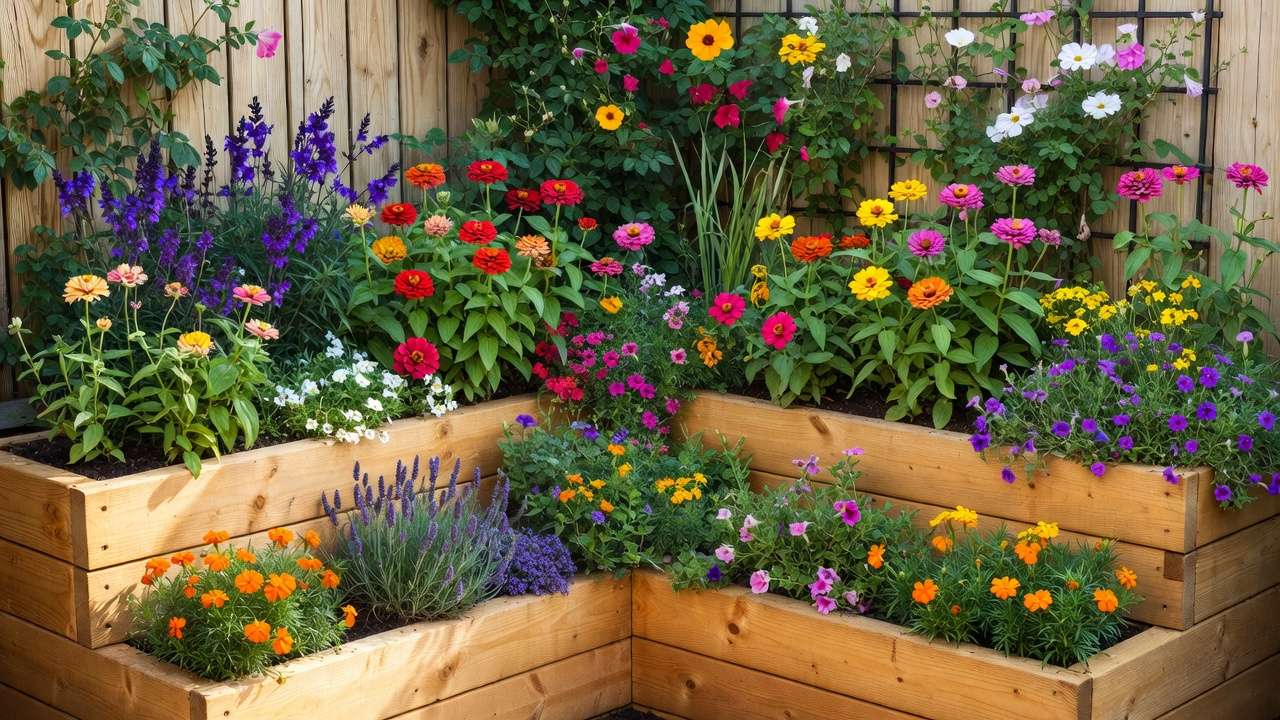 Tiered raised flower beds in small space with vertical climbing flowers and vibrant blooms