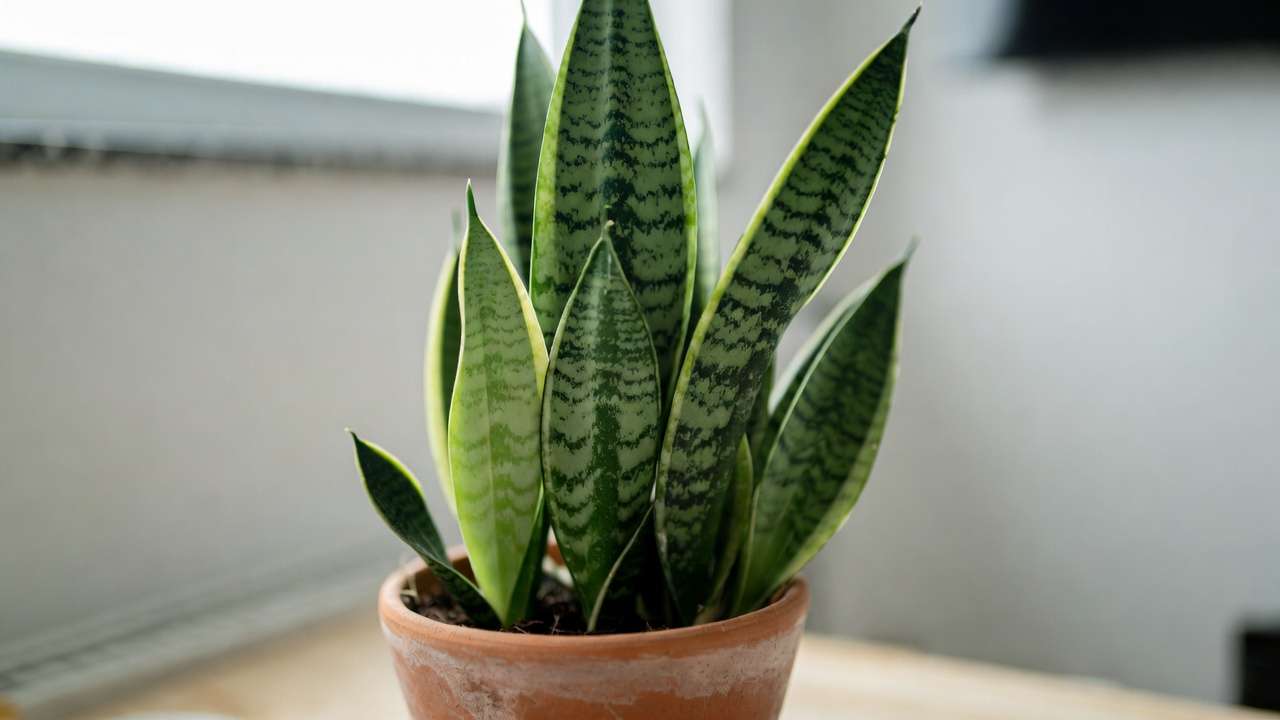 Close-up of snake plant Sansevieria trifasciata in terracotta pot for indoor air purification
