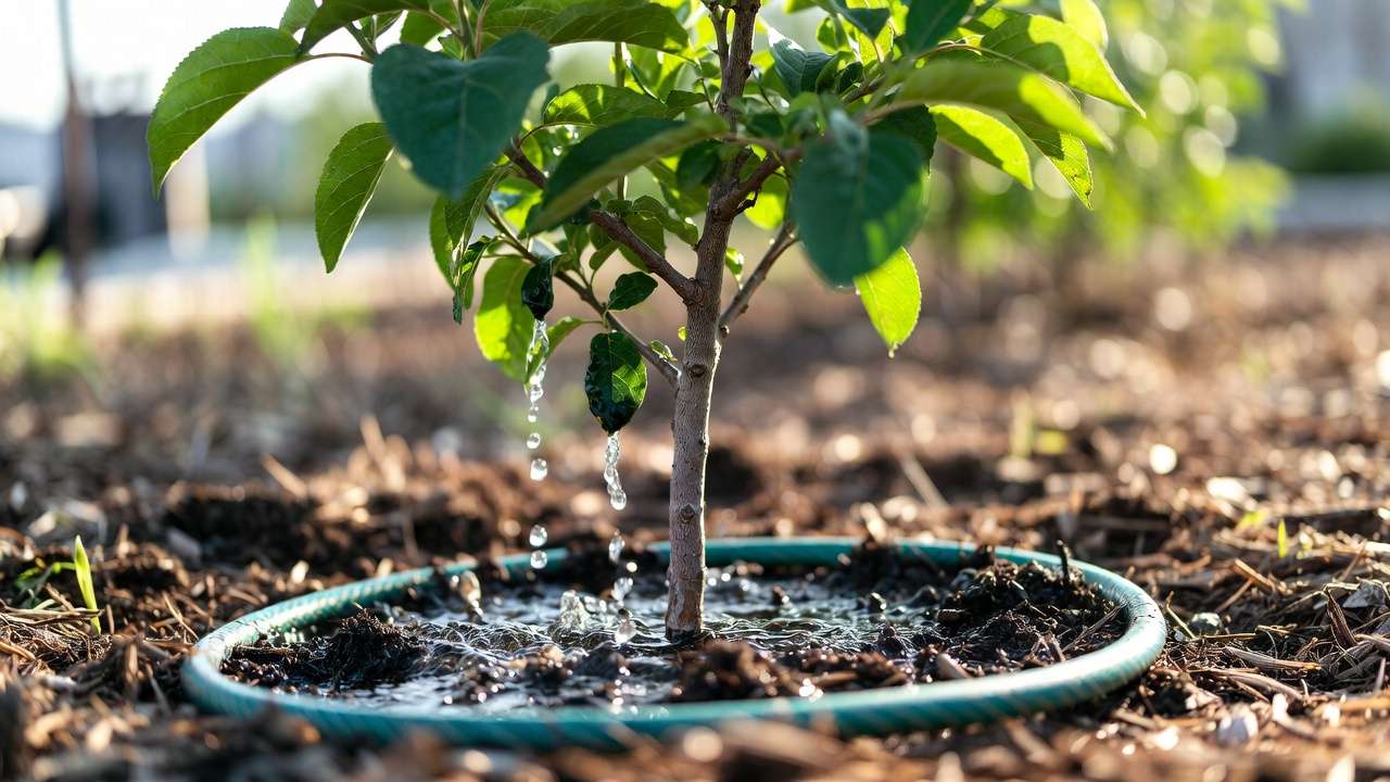 Deep slow watering of young tree at drip line using soaker hose and mulch for root health