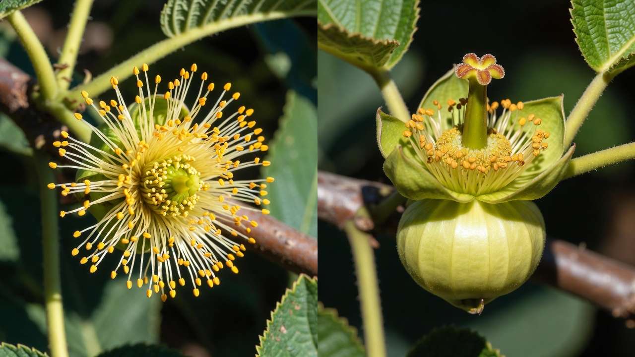Male and female kiwi flowers side-by-side comparison showing structural differences