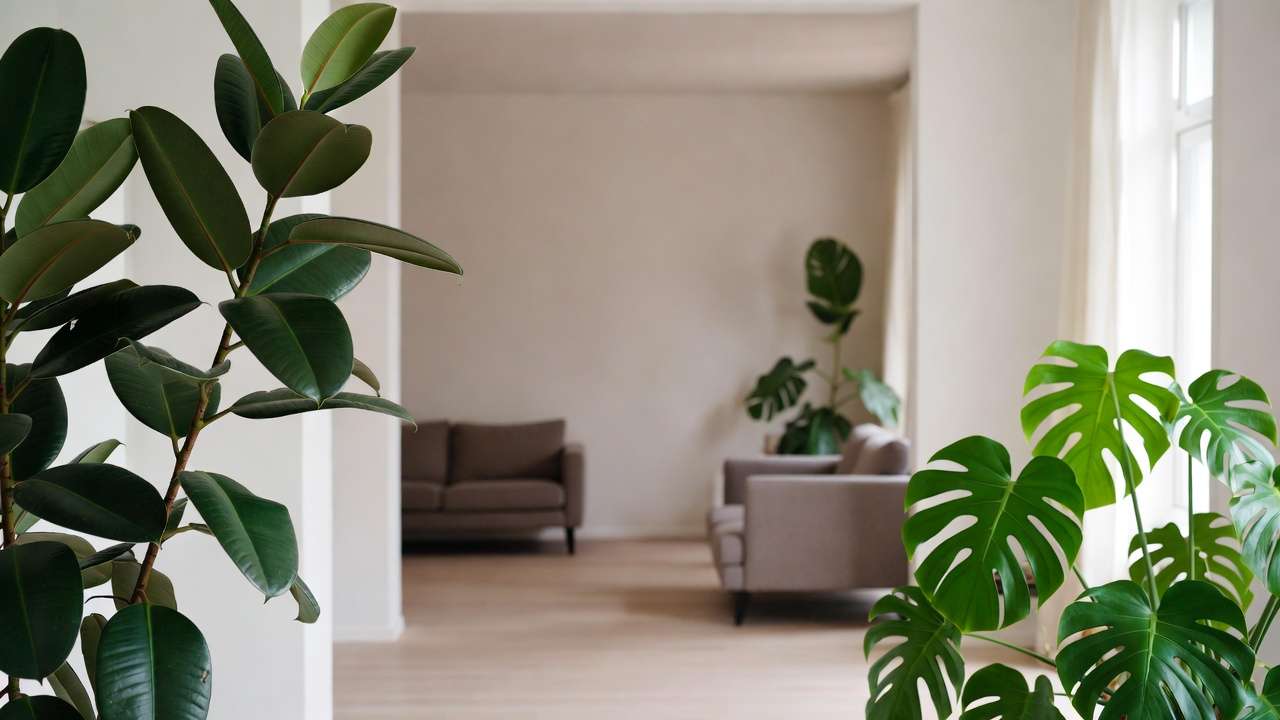 Large monstera and rubber plant as statement greenery creating a calming, forest-like effect in home décor