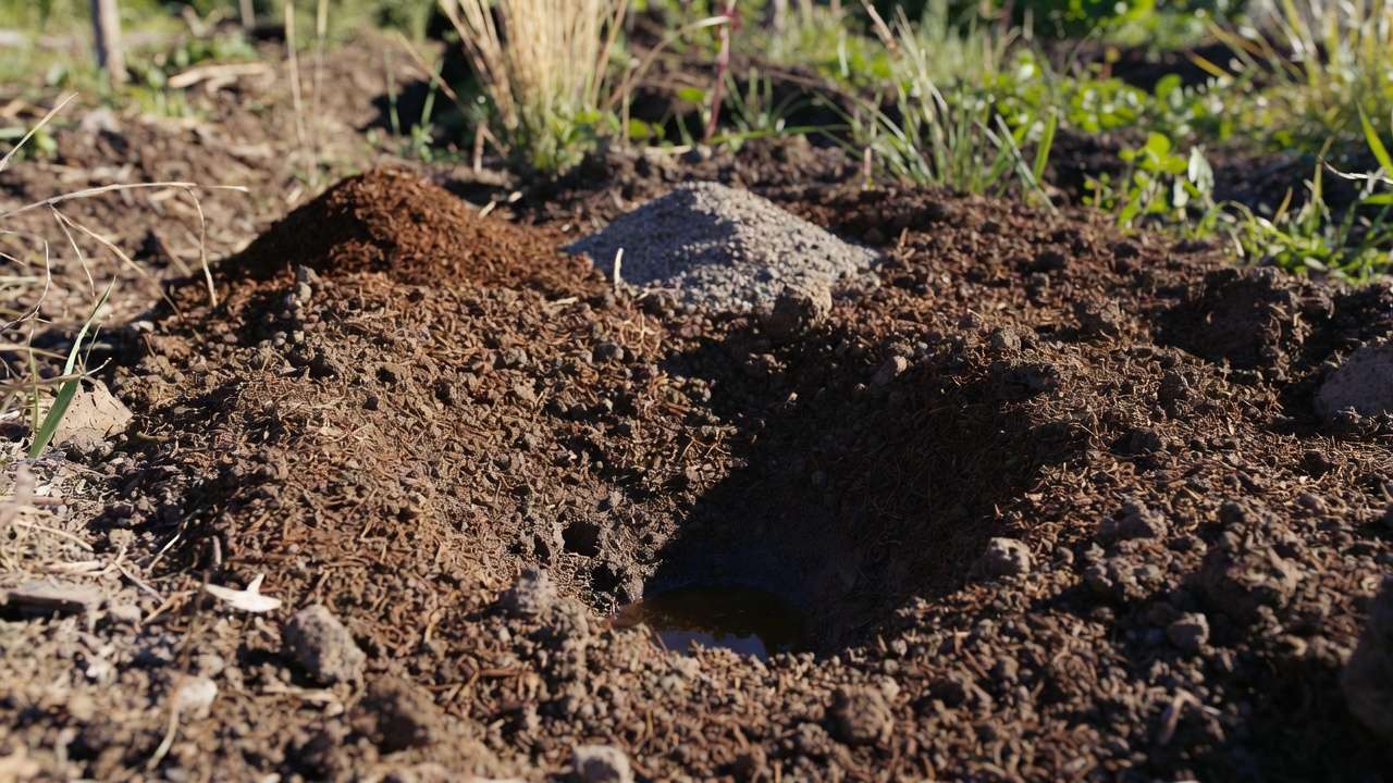 Well-drained garden soil being prepared for drought-tolerant plants with compost and drainage test