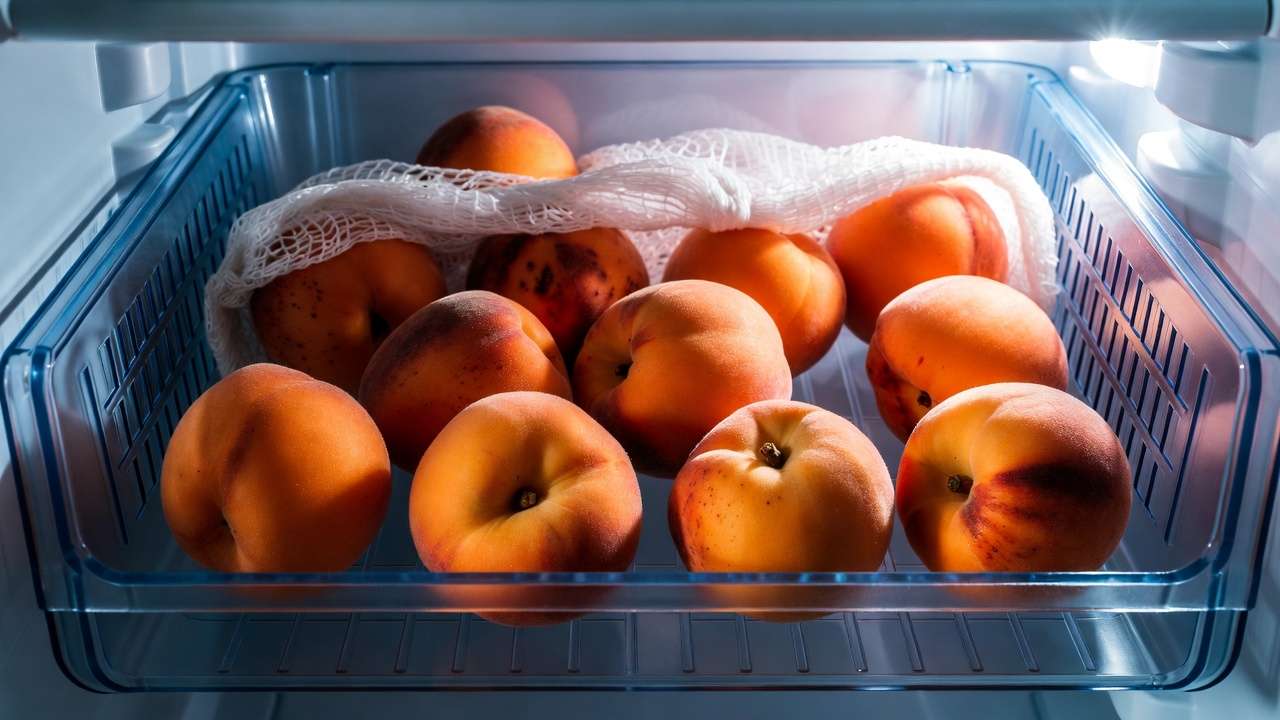 Fresh peaches stored properly in refrigerator crisper drawer