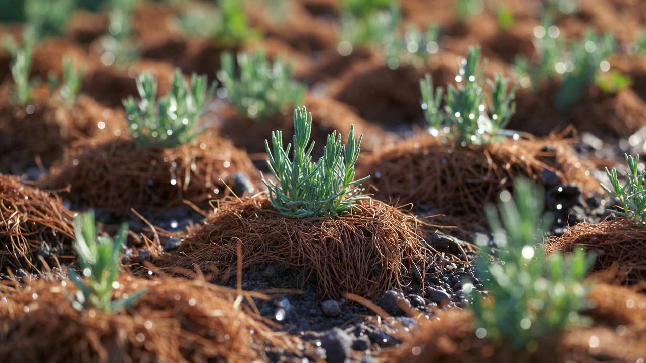 Newly planted drought-tolerant perennials with deep initial watering and thick protective mulch layer