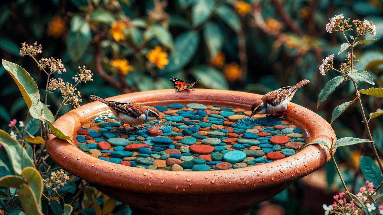 shallow pebble birdbath used by small birds and butterfly in wildlife-friendly garden