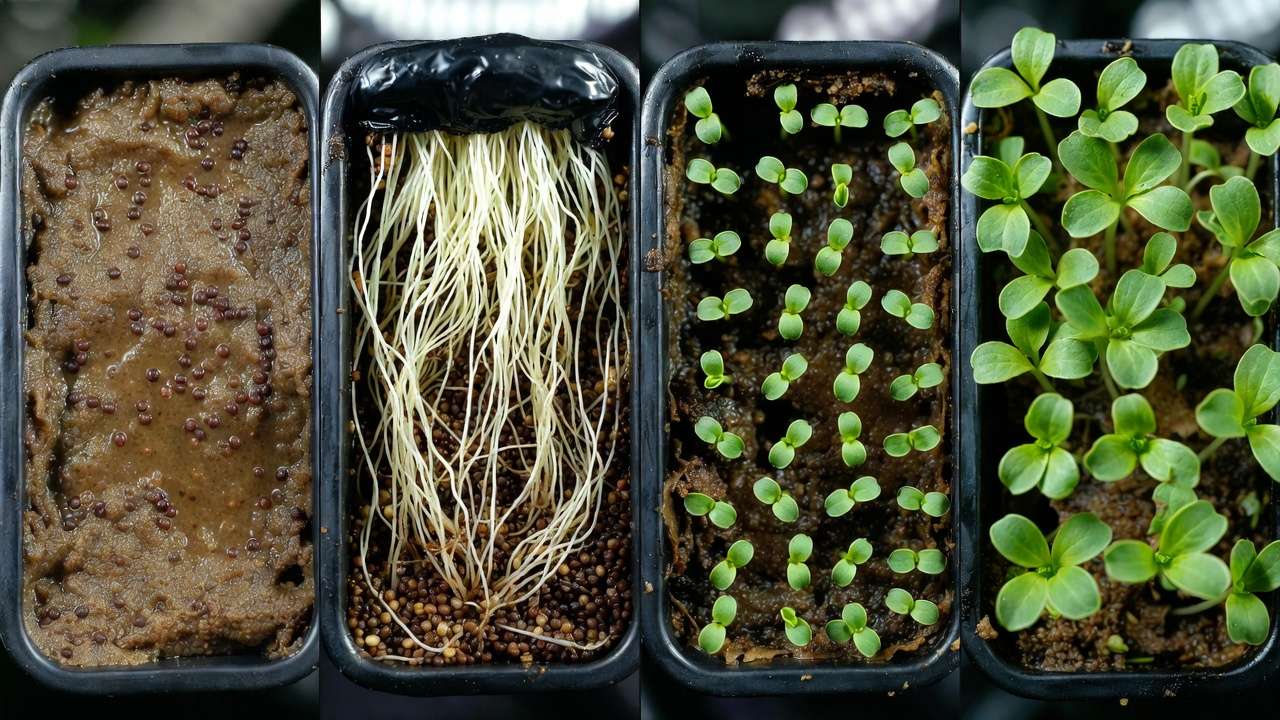 Step-by-step growth stages of microgreens from seeds to harvest-ready in one tray
