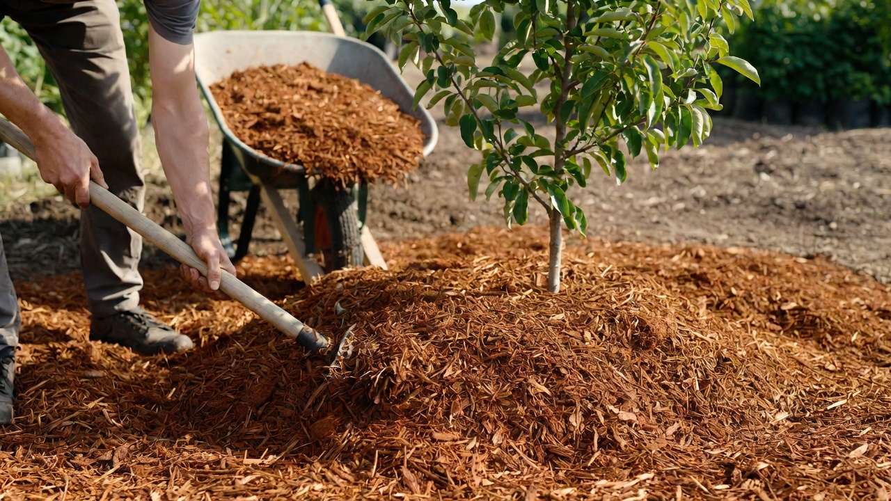 Gardener properly applying wood chip mulch around young tree trunk with correct spacing to prevent rot and conserve moisture.