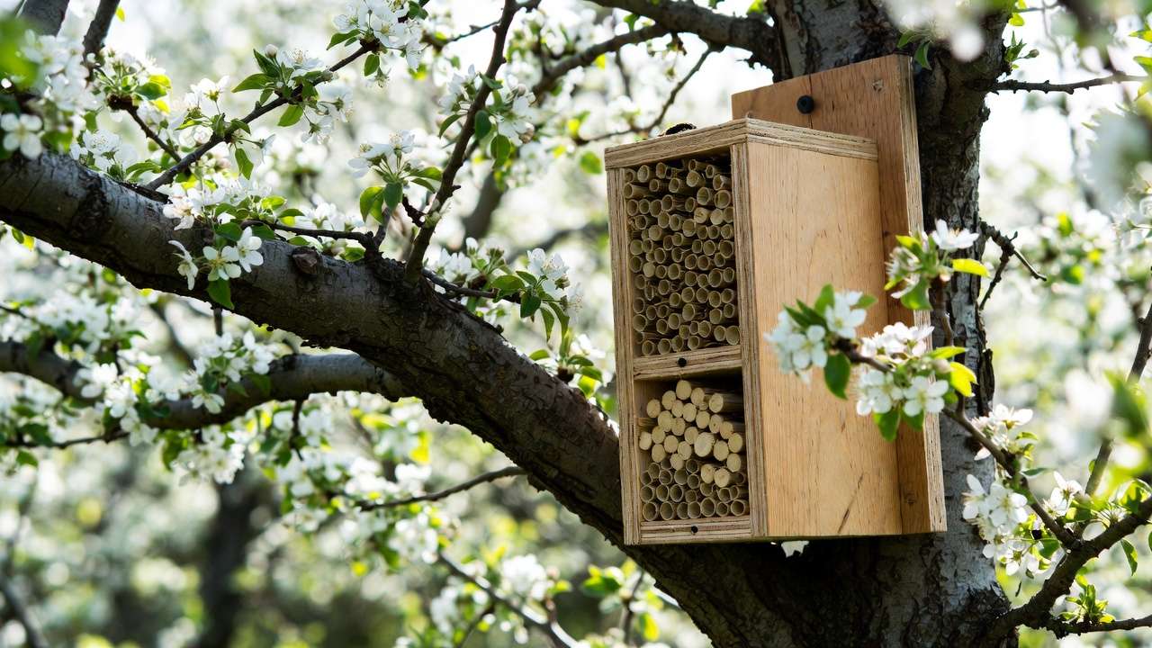 Wooden mason bee house mounted in blooming orchard for native bee pollination