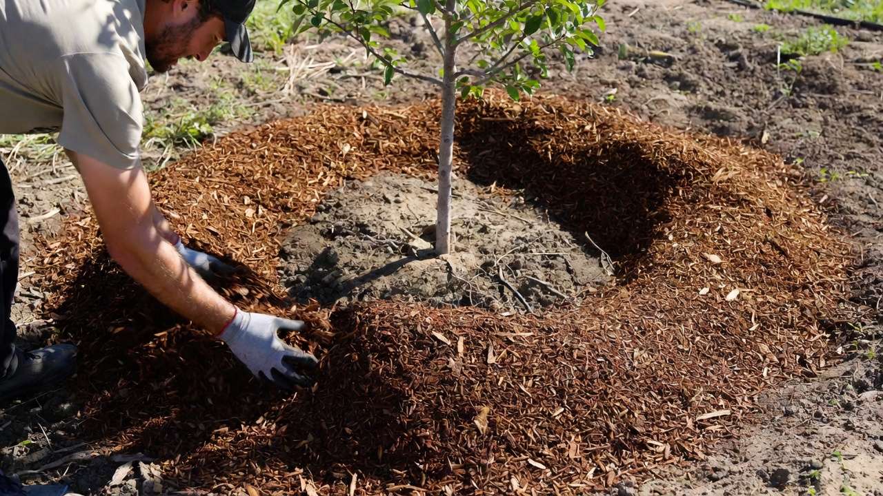 Step-by-step proper donut mulching around fruit tree trunk keeping mulch away from bark
