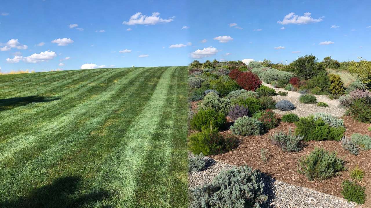Before and after transformation: traditional lawn replaced with beautiful xeric shrub landscape and gravel paths