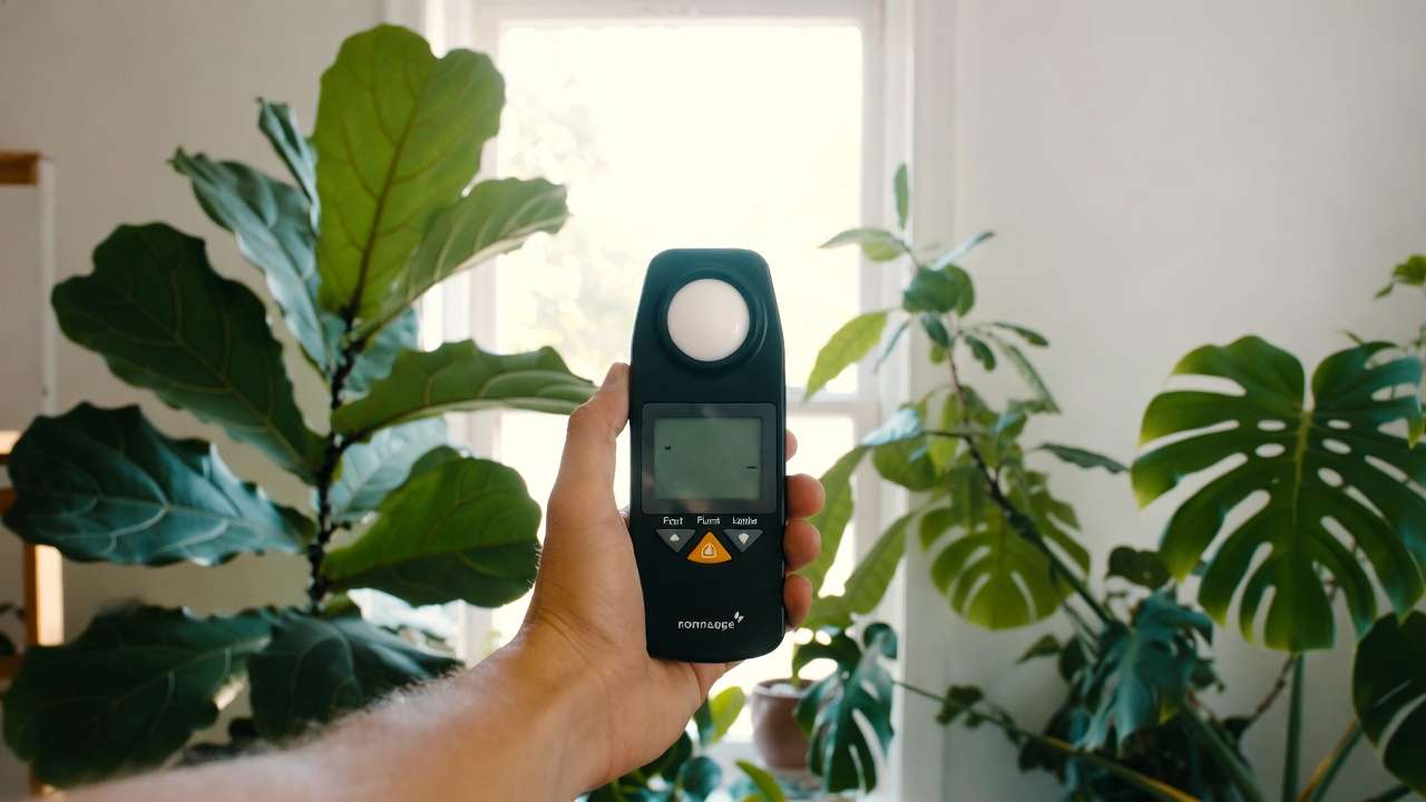 Hand using light meter at plant level to measure foot-candles for indoor plant growth