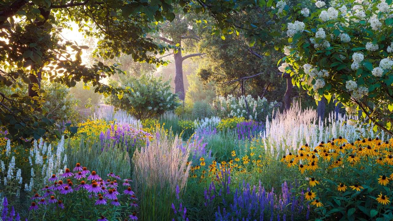 Layered native plant landscape with trees shrubs perennials and grasses in a sustainable eco-friendly yard
