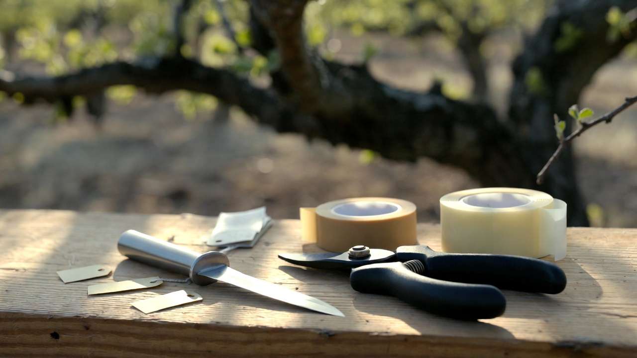 Essential grafting tools including knife, tape, and shears ready for fruit tree propagation