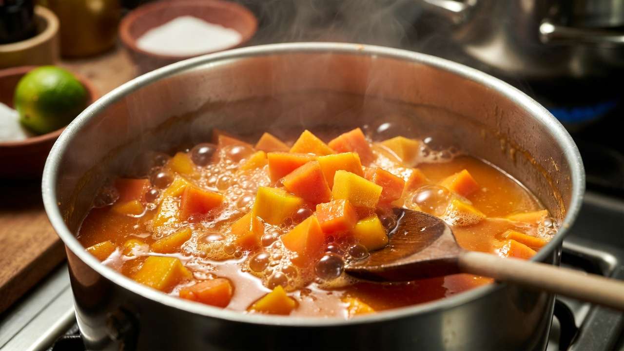 Cooking homemade tropical fruit preserves in pot with mango chunks bubbling