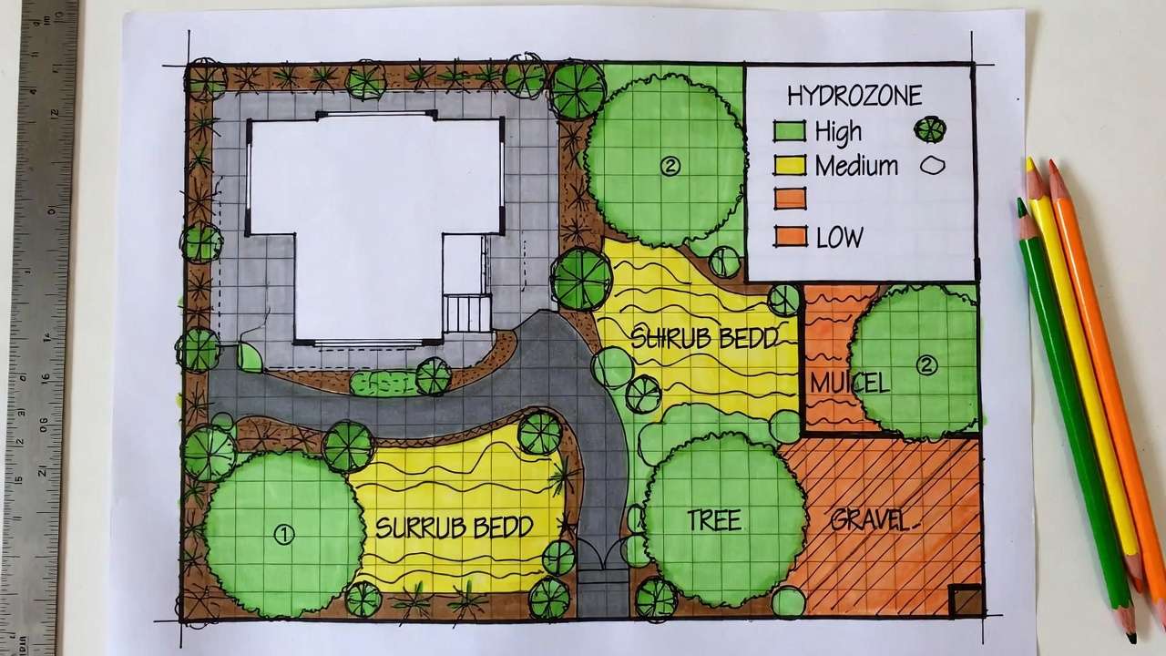 Hand-drawn xeriscape front yard design plan showing hydrozoning and layout