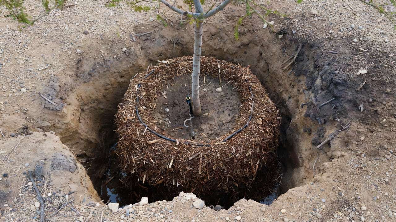 Correct planting technique for desert tree with mulch ring and proper root flare exposure