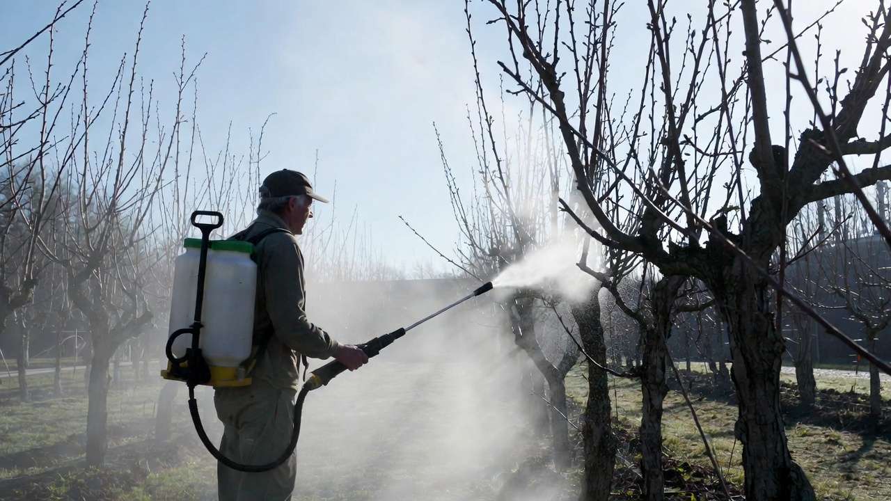 Gardener applying dormant oil spray to fruit trees in late winter