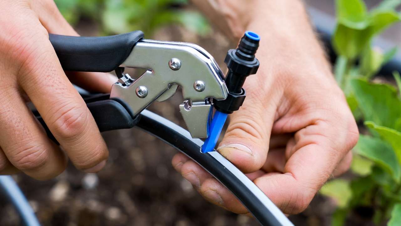 hands installing drip emitter into mainline tubing using hole punch tool