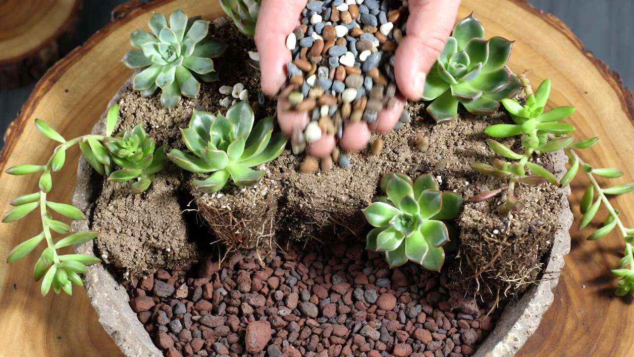 Step-by-step process of planting succulents and applying decorative stone top dressing