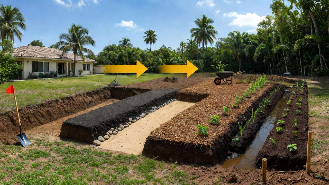 DIY construction of bioswale for improved drainage, excavating, planting native plants and adding mulch in home garden