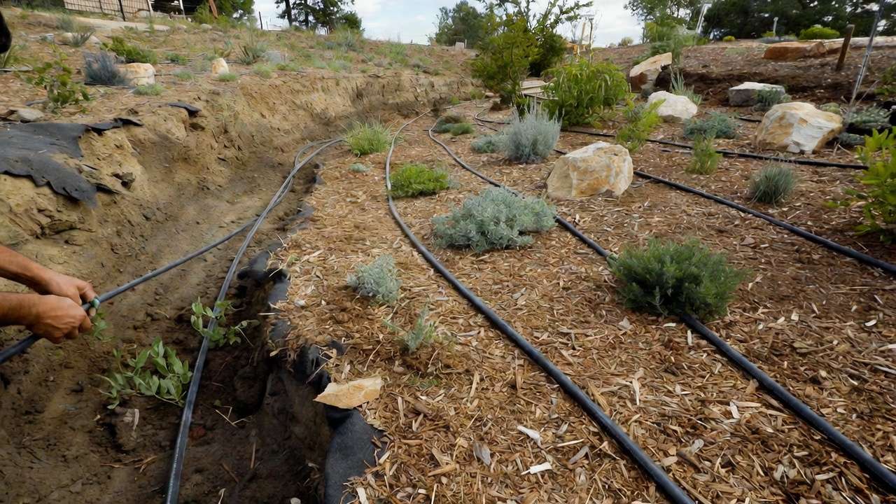 nstalling sloped yard xeriscape with drip irrigation, planting, and mulching for erosion prevention