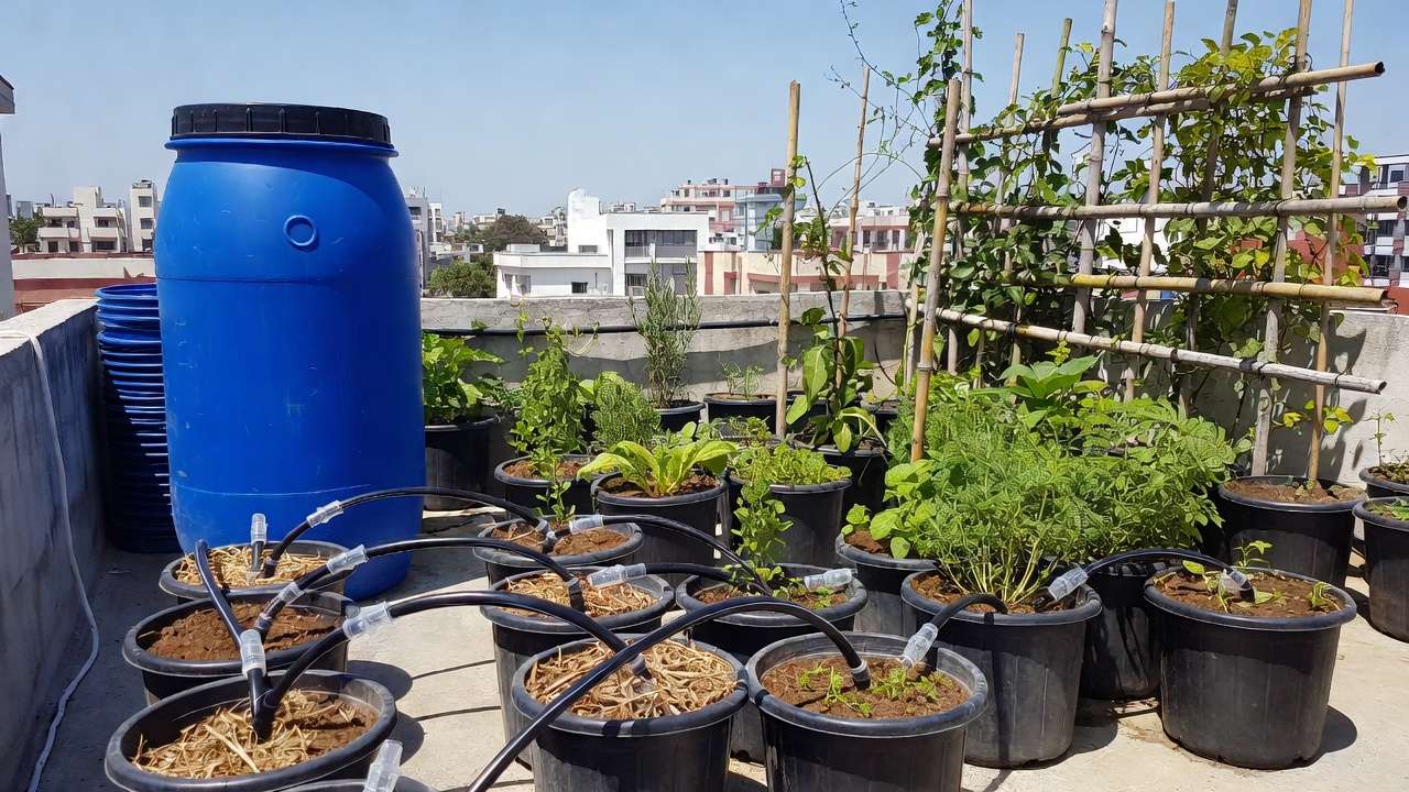 Rooftop garden irrigation system and rainwater barrel with organized container setup in urban Dhaka