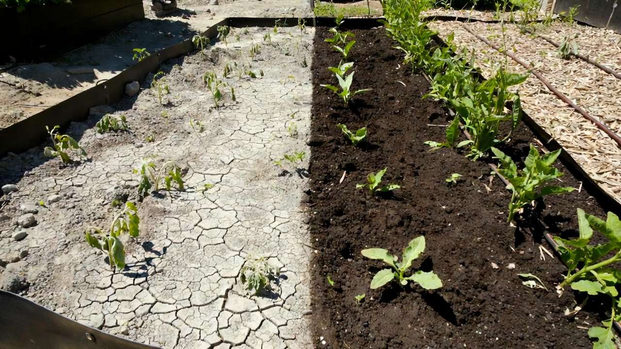 Before and after comparison showing dry cracked soil versus evenly moist soil after installing drip irrigation in raised bed