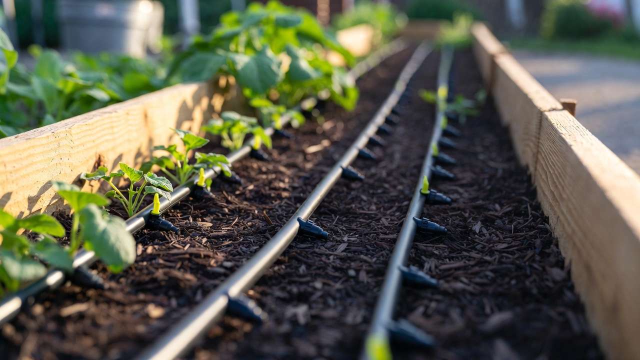 Close-up of 1/4-inch drip emitter tubing installed in a mulched raised garden bed with vegetable plants