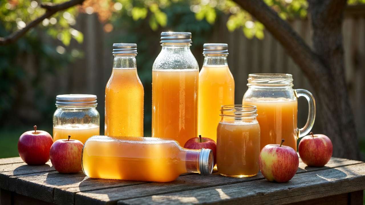 Bottles of homemade fresh apple juice and cider made from homegrown apples on a garden table.