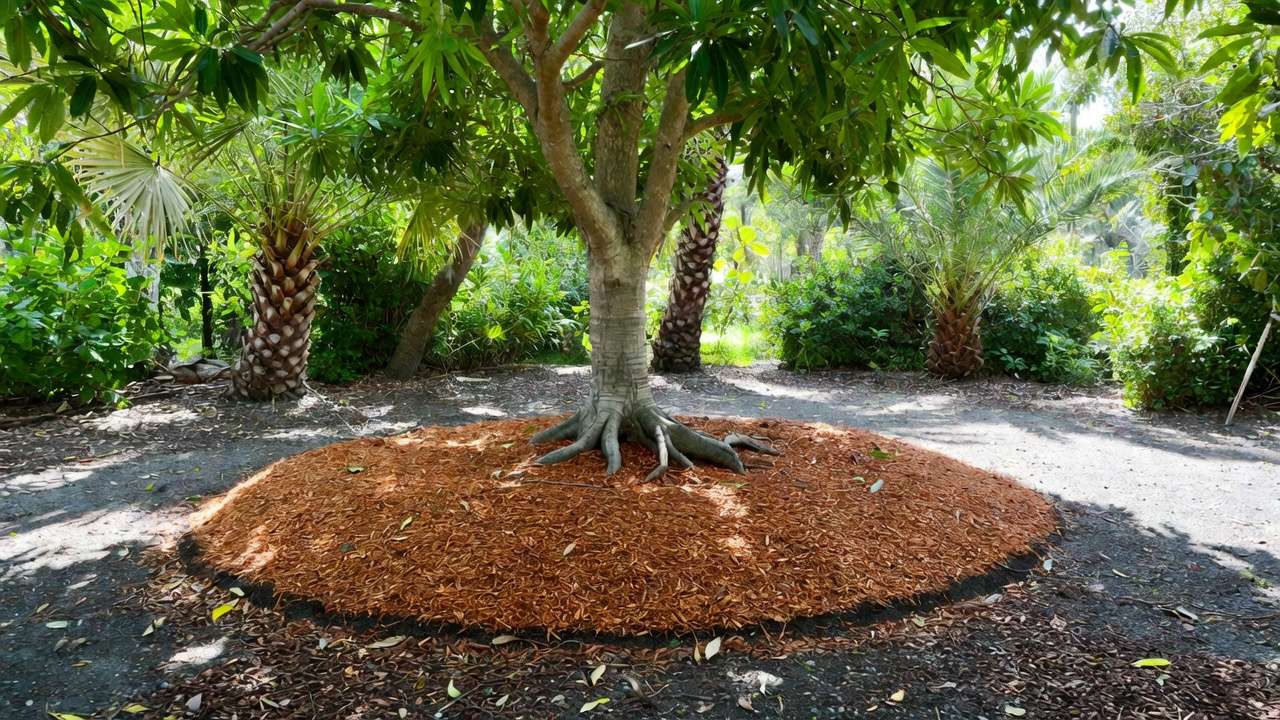 Proper donut mulching technique around mango tree to reduce drought stress, with clear trunk gap and wide coverage in tropical garden