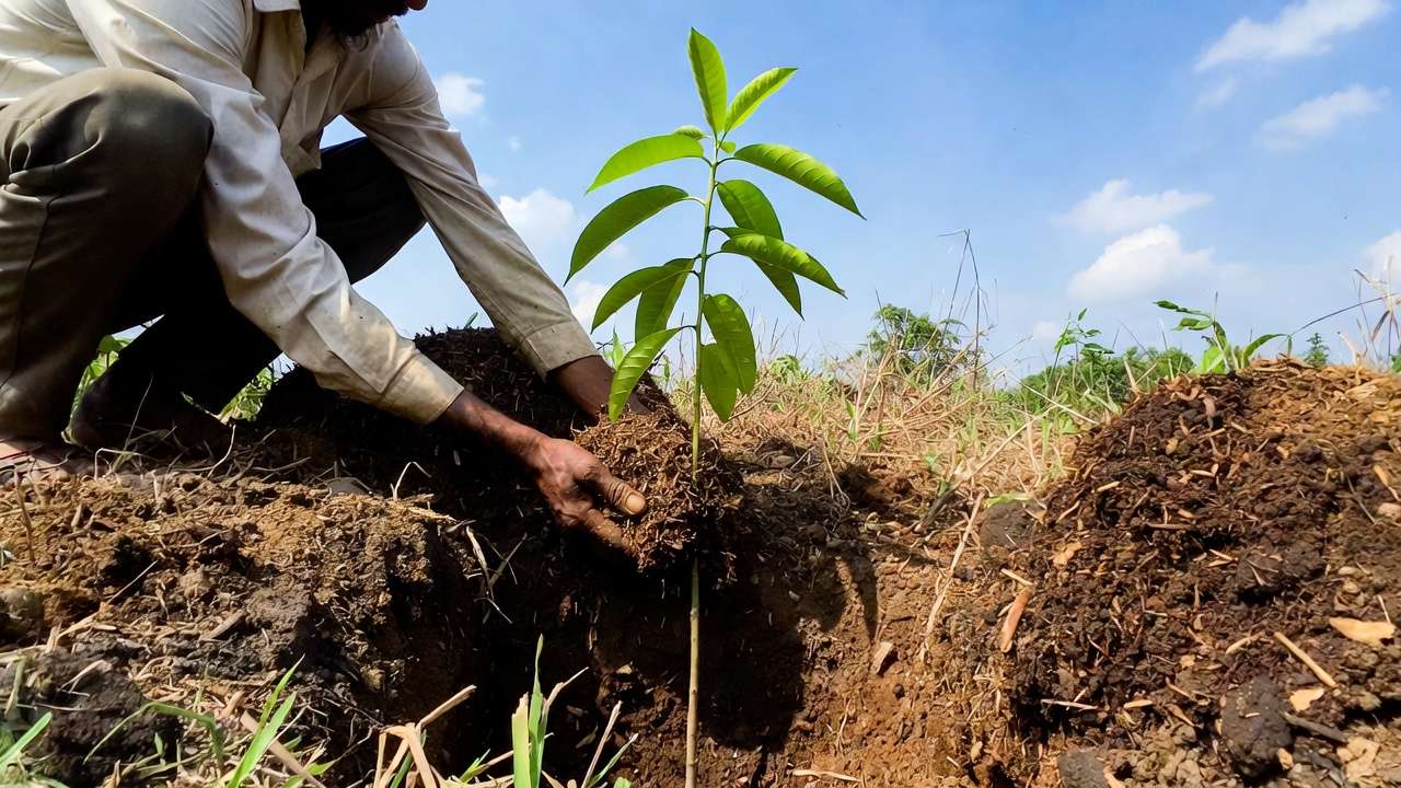 Planting a young drought-tolerant tree with proper mulching in Khulna soil