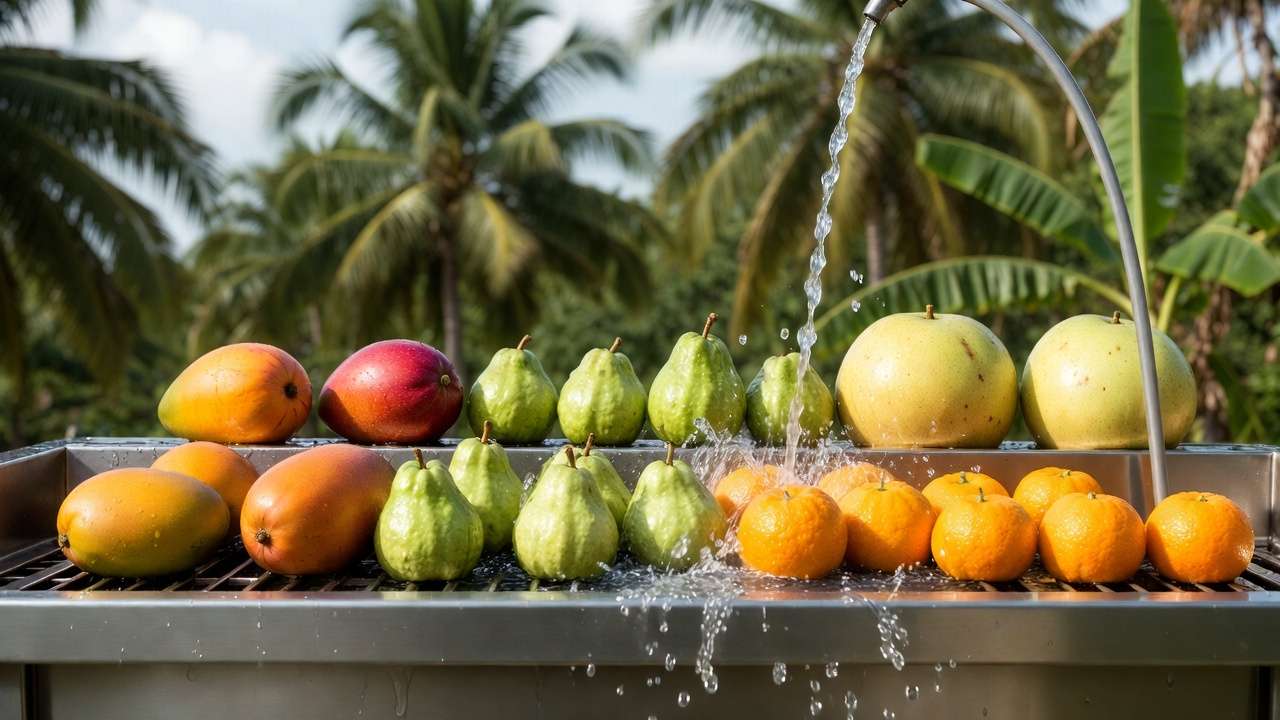 Fresh mangoes, guavas, and citrus being gently rinsed with running water during post-harvest washing