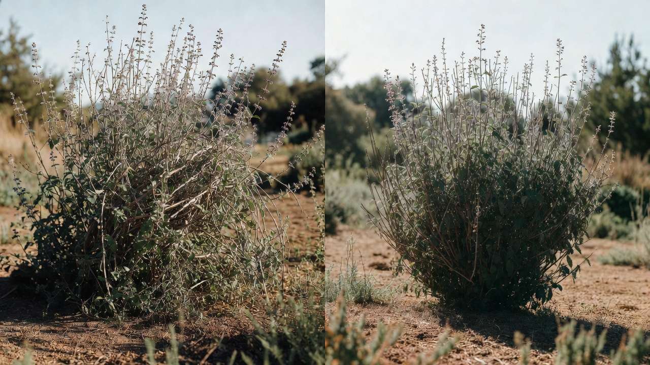Before and after pruning comparison of overgrown and properly thinned drought-tolerant salvia bush