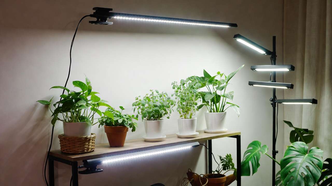 Practical setup of full-spectrum LED lights over indoor plant shelf for optimal growth and calming mood