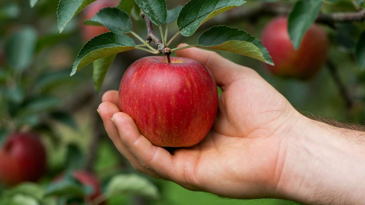 Hand demonstrating proper palm cup technique for picking apples without bruising