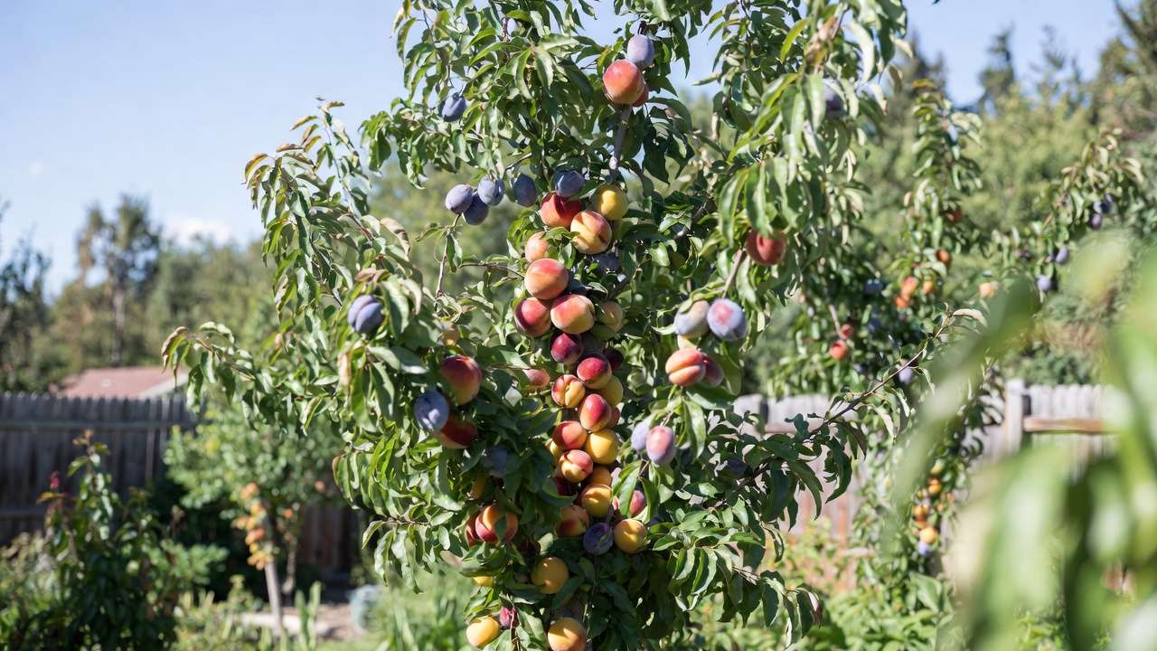 Multi-variety stone fruit tree with peaches, plums, apricots, and nectarines grafted together