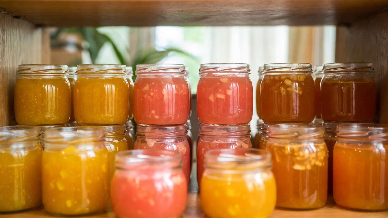 Sealed jars of homemade tropical fruit preserves stored in pantry