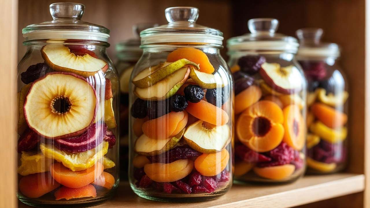 Glass jars of home-dried apples pears apricots and other orchard fruits in pantry storage
