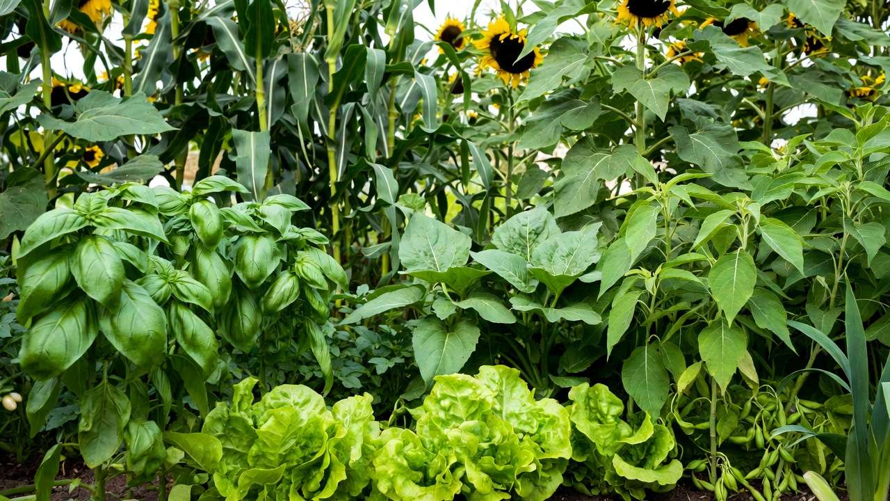 Dense companion planting with tall plants shading soil to reduce evaporation in vegetable garden