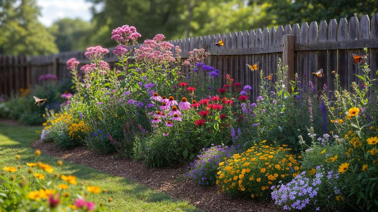 Layered native plant border garden with Joe-Pye weed, coneflowers, bee balm, and pollinators in a sunny backyard