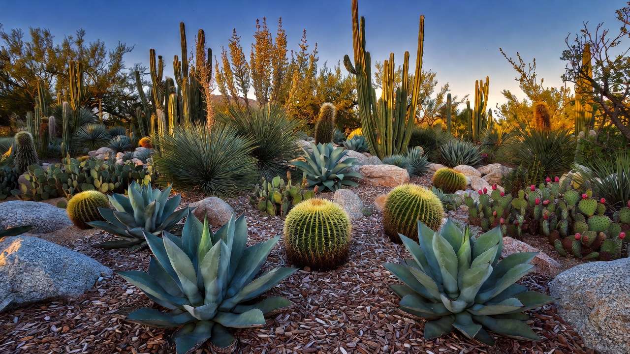Dramatic agave, yucca, and cactus succulent garden in arid Southwest landscape