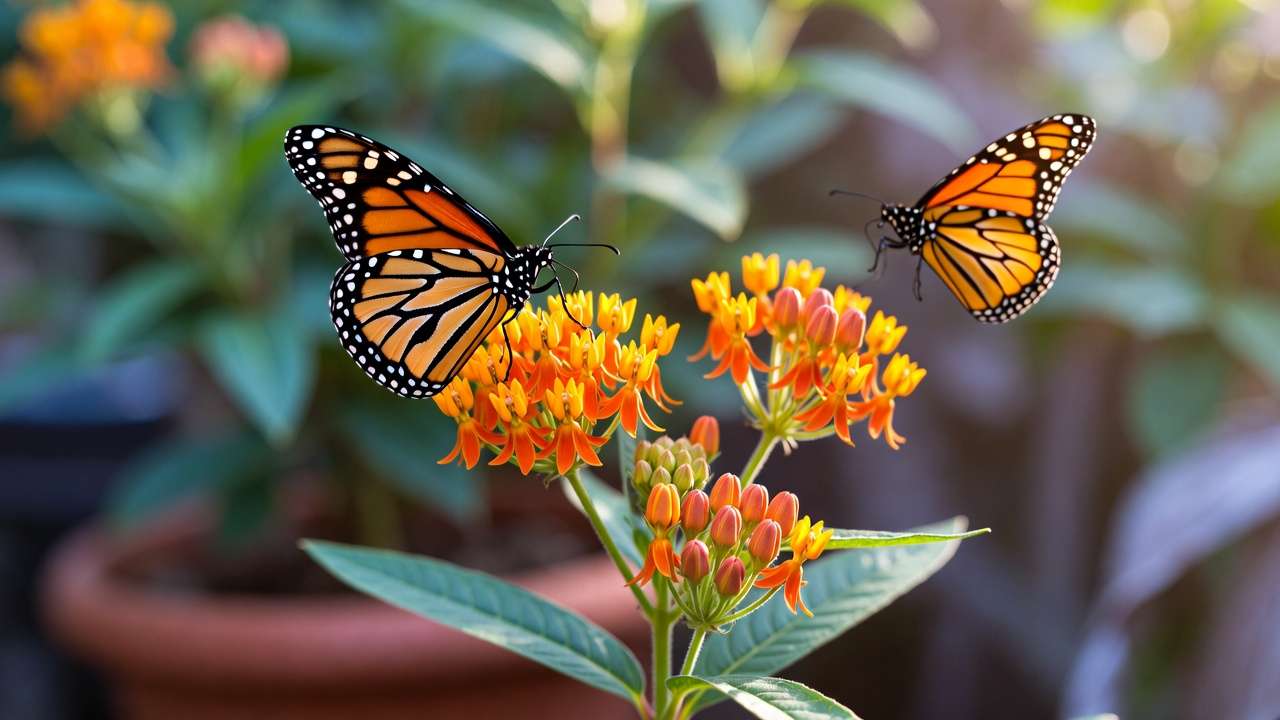 Monarch butterfly on orange butterfly weed in container garden