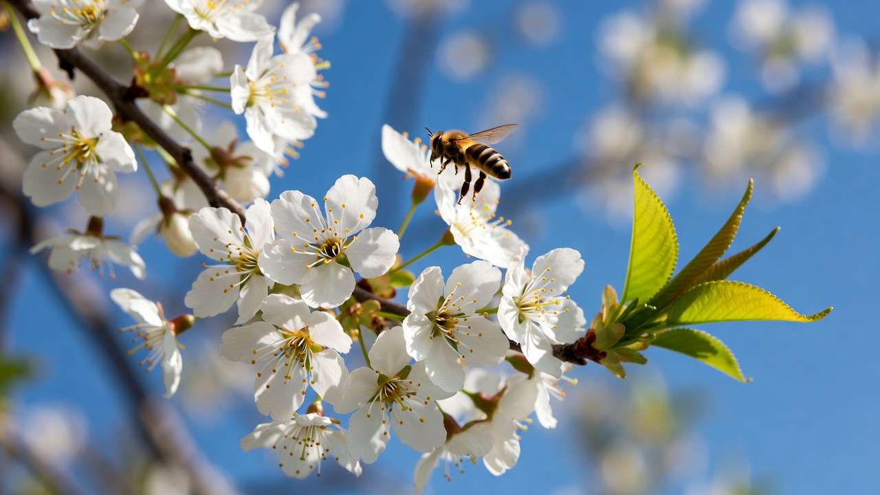 Honeybee pollinating white sweet cherry blossoms on blooming branch for cross-pollination compatibility