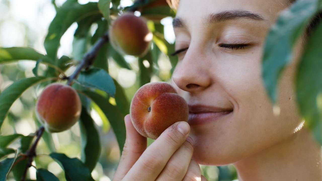 Gardener smelling stem end of ripe fruit to detect sweet aroma, key tip for how to know when fruit is ripe using senses