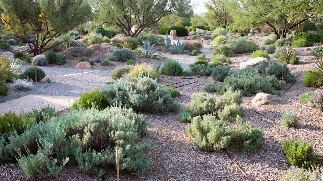 Xeriscape garden showing hydrozoning, mulch, gravel paths, and efficient irrigation in a semi-arid landscape
